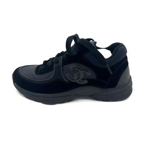 CHANEL BLACK SUEDE & MESH SO BLACK SNEAKERS 37 7